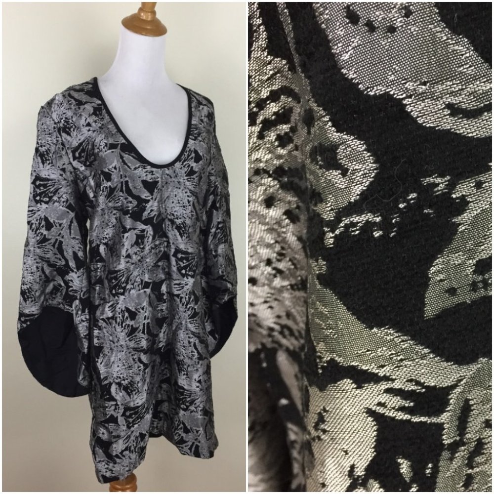 KATIE MAY Los Angeles 100% Silk Black Silver Textured Asymmetric Sleeve Dress